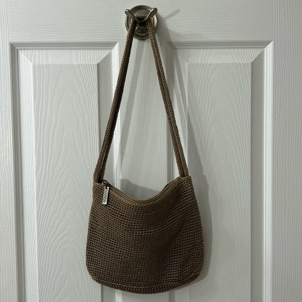 The Sak purse shoulder bag small knit fabric light tan
